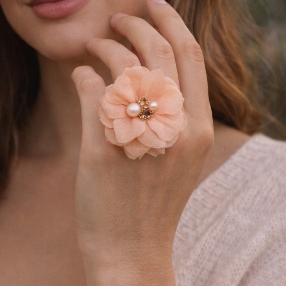 Pink Peach Floral Statement Ring Adjustable Romantic Flower Ring  Pearl  Accents